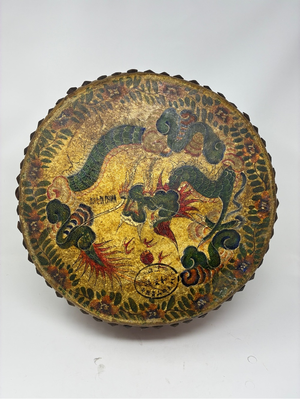 Handcrafted Mixed-Media Decorative Drum in Gold and Green
